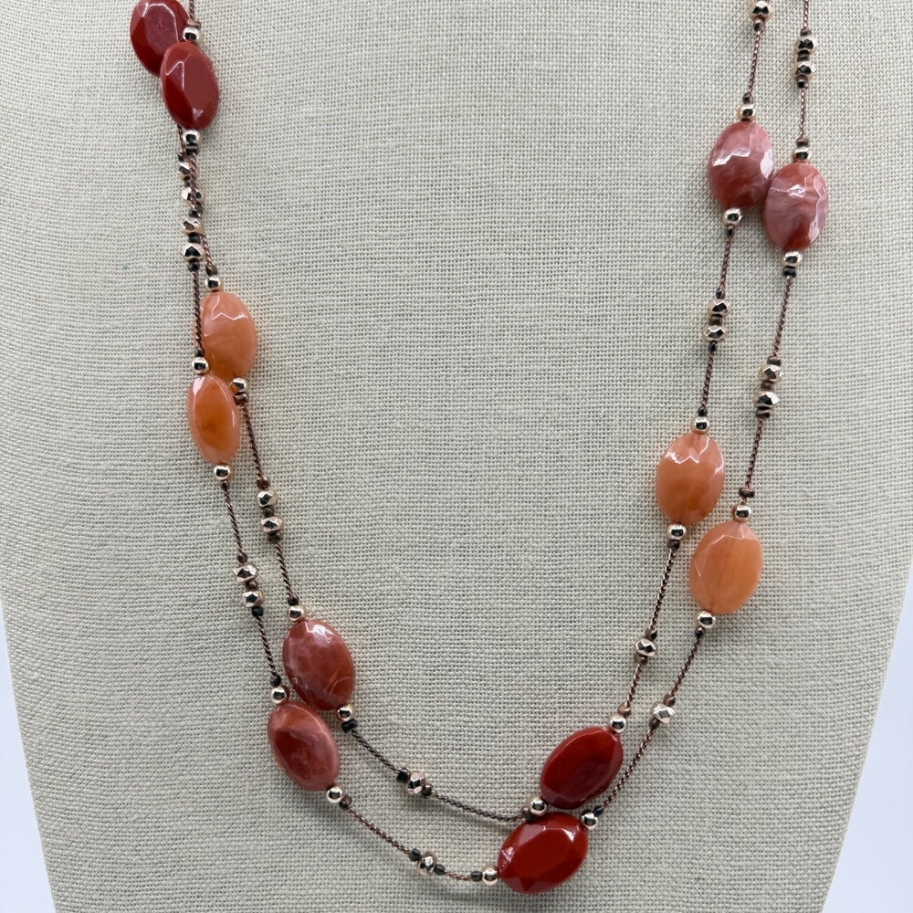 Long Multi-Strand Ombre Bead Necklace Red Peach Faceted Beads Boho Layered Style